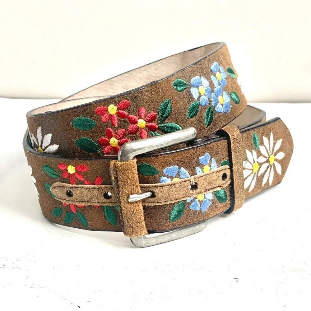 Brown Suede Floral Embroidered Belt with Silver Buckle - Picture 5 of 12